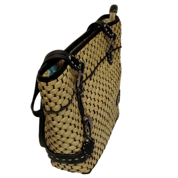🌼 BRIGHTON TAN / NATURAL WICKER / STRAW BASKET BAG WITH BLACK LEATHER TRIM - Picture 4 of 16